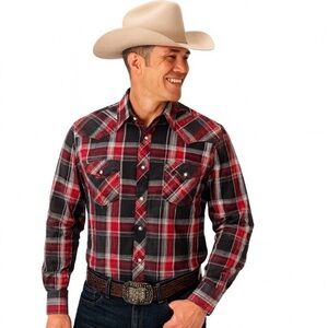 Helix Western Plaid Snap Shirt Small Red Black Cowboy Rodeo Workwear Cotton
